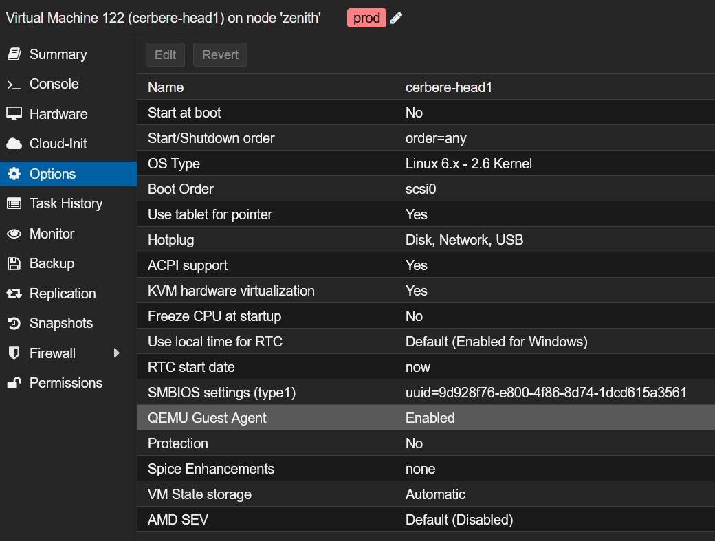 Options d'une VM Proxmox avec QEMU Guest Agent activé