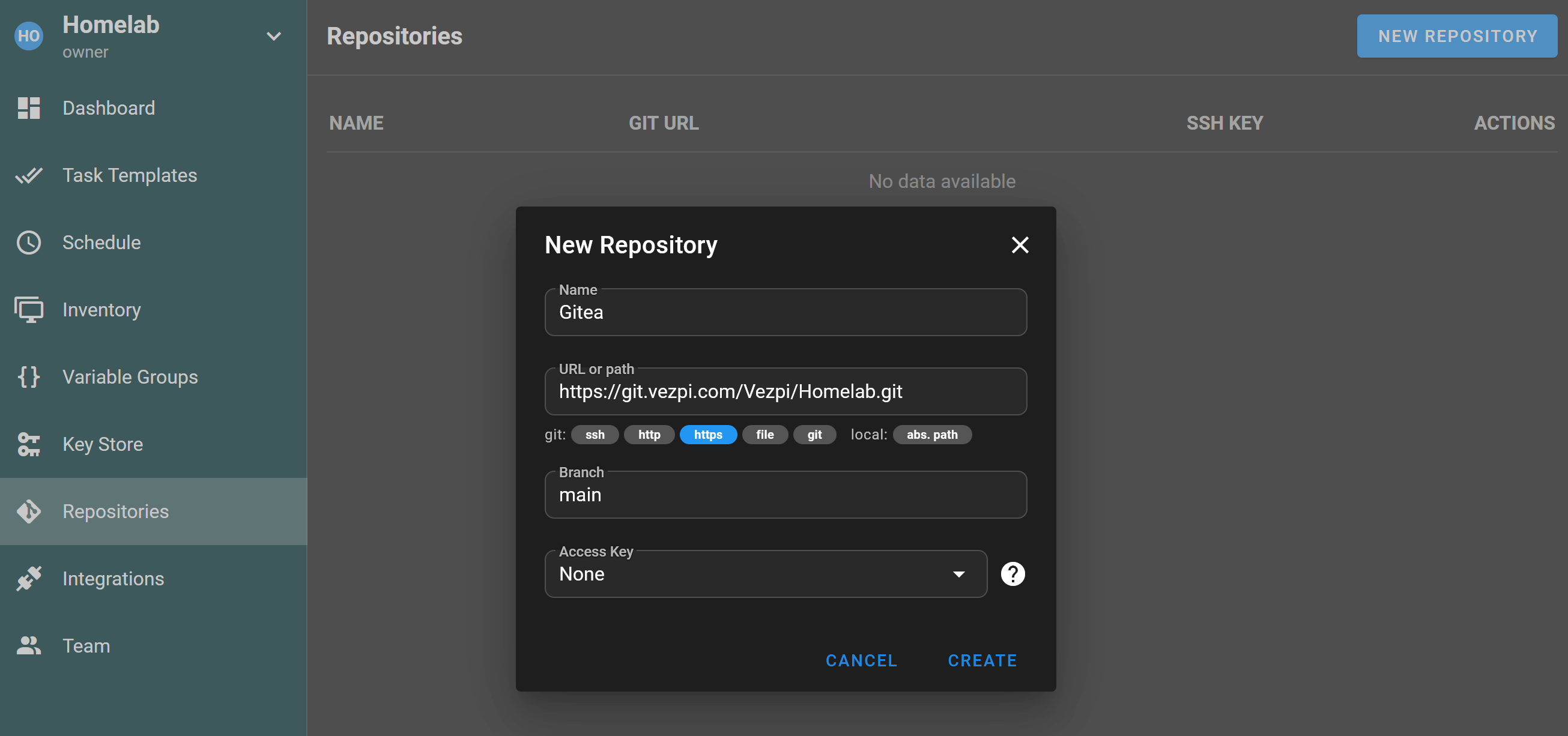 Semaphore UI new repository page