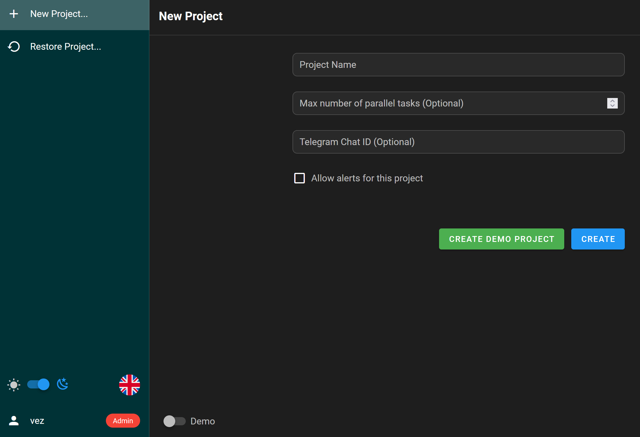 Semaphore UI new project page