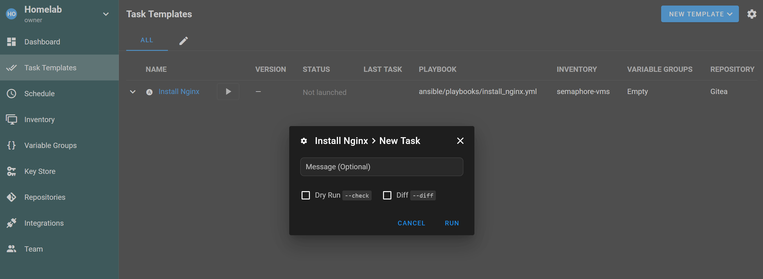 Semaphore UI launch Ansible task template