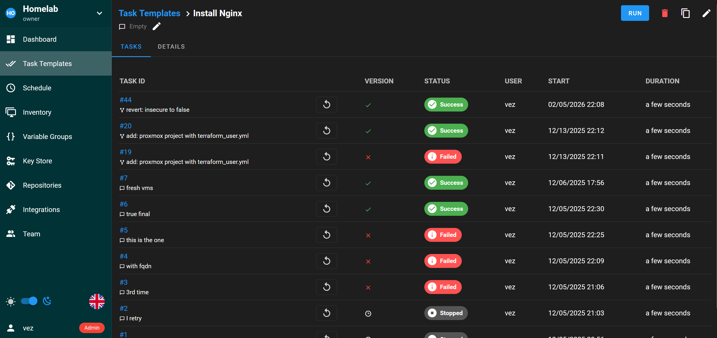 Semaphore UI tasks runs list