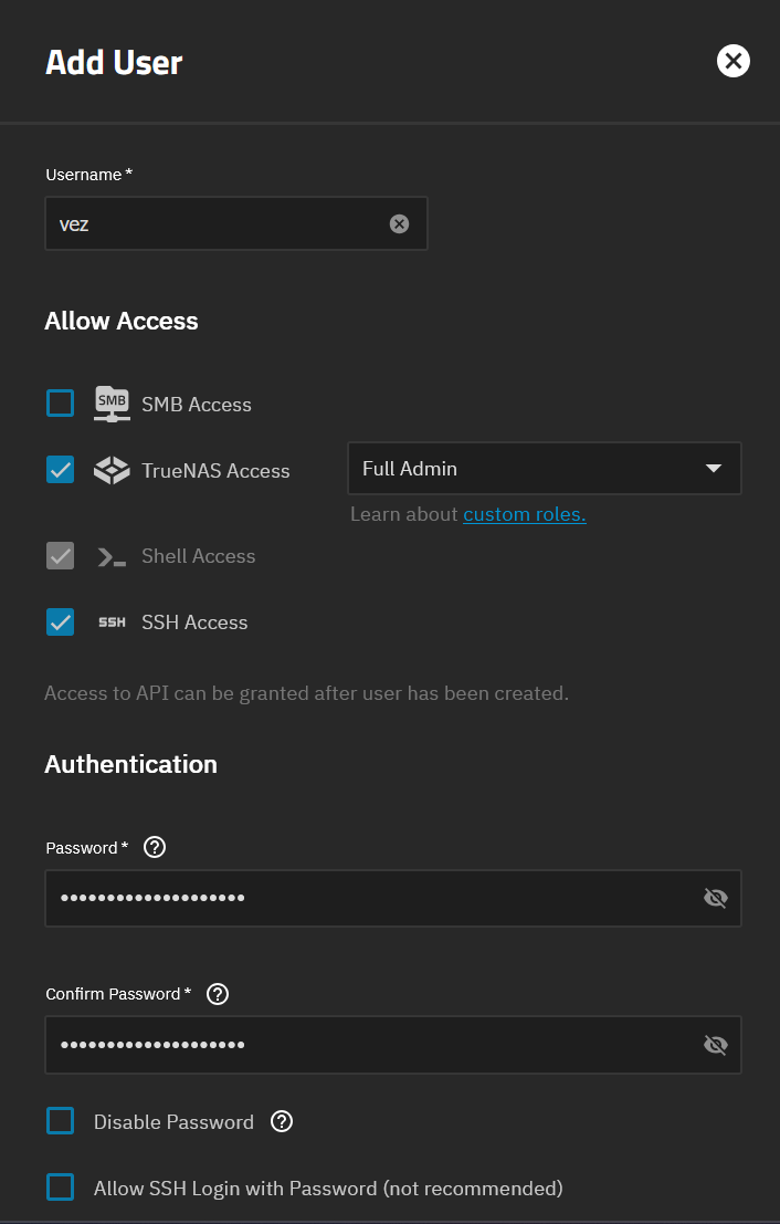 TrueNAS user creation