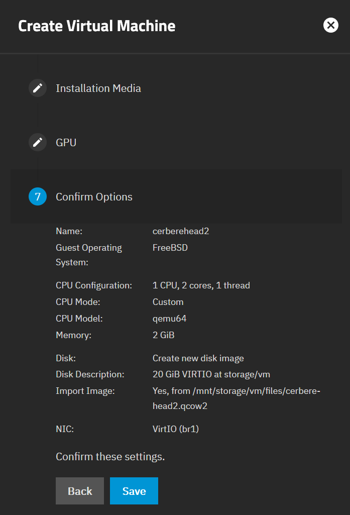 Summary before creating the OPNsense VM in TrueNAS