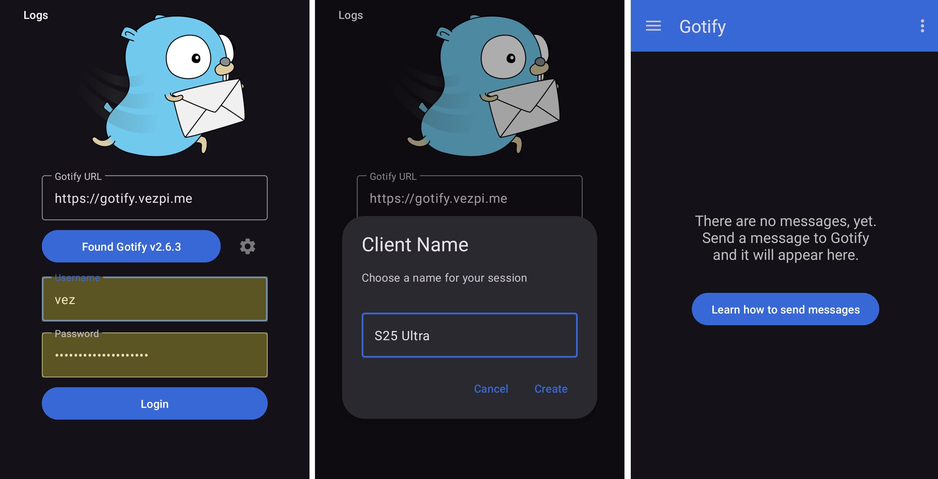 Gotify's Android App screenshot for the login page