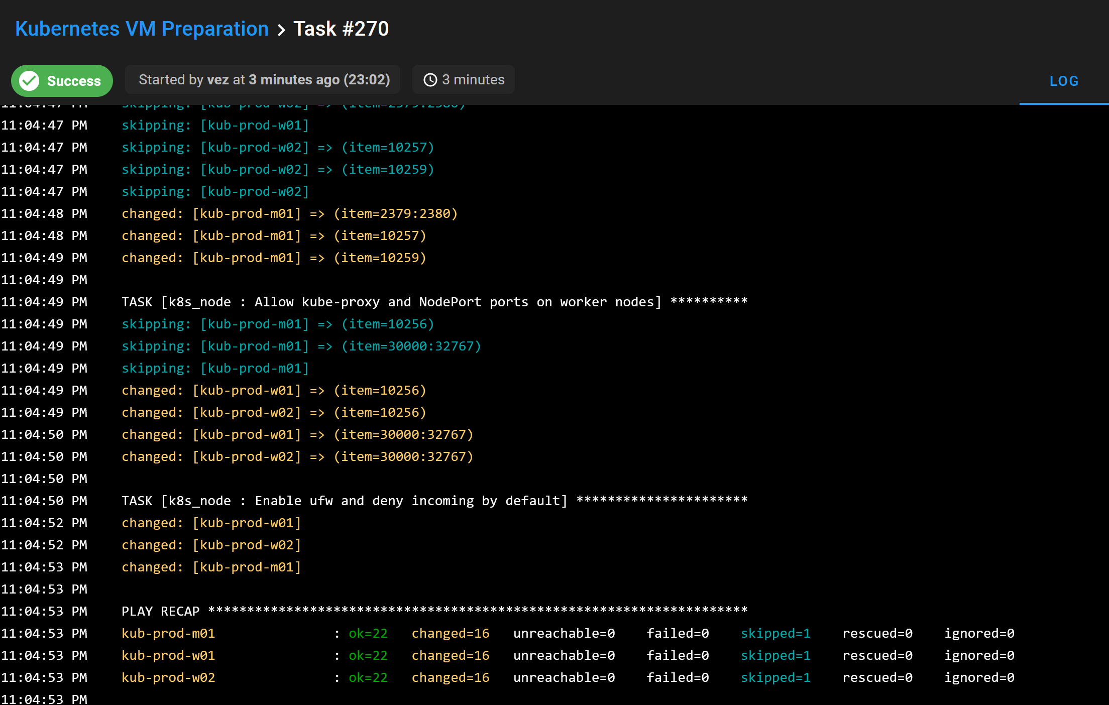 Modèle de tâche Semaphore pour préparer les nœuds Kubernetes avec Ansible.