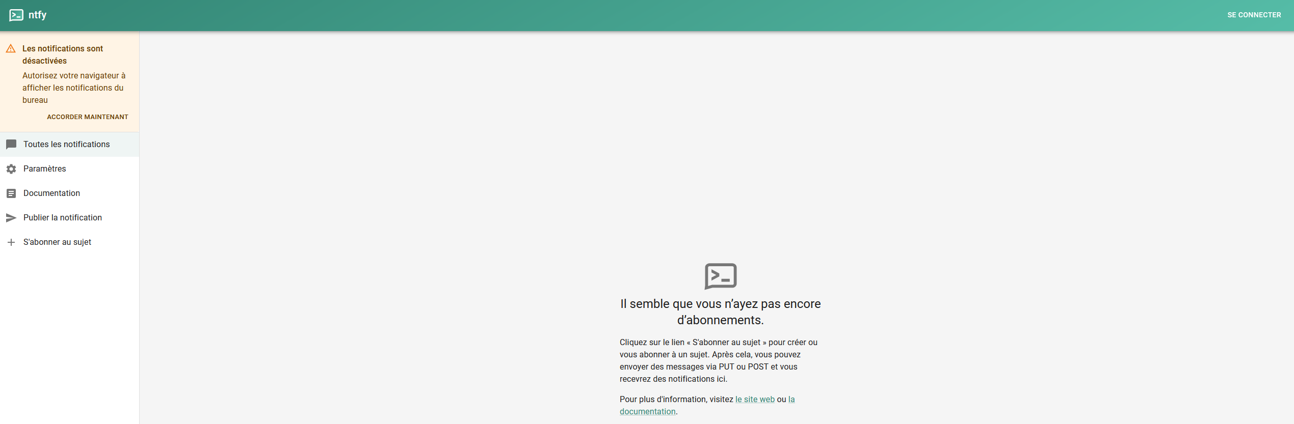 Tableau de bord Ntfy