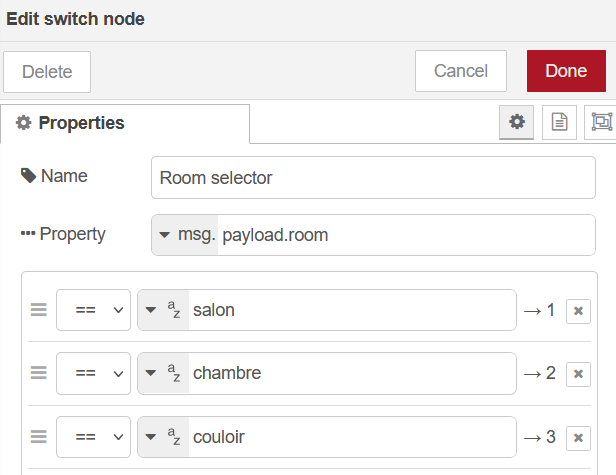 Node-RED switch node based on the room for the watchdog