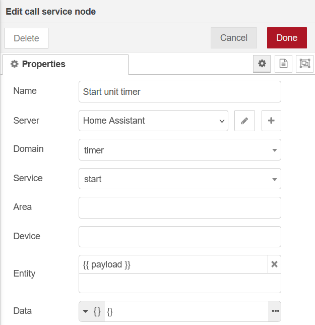 Nœud call service dans Node-RED pour démarrer le minuteur avec la durée par défaut