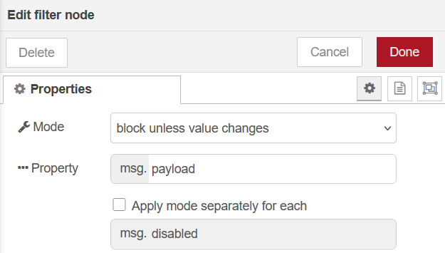 Nœud de filtrage dans Node-RED pour bloquer les messages identiques