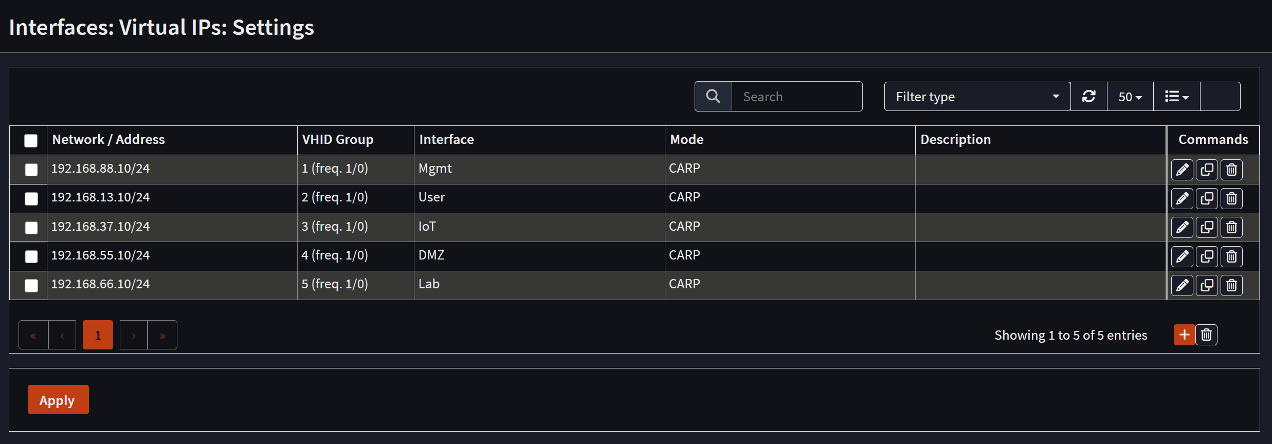 OPNsense virtual IPs list